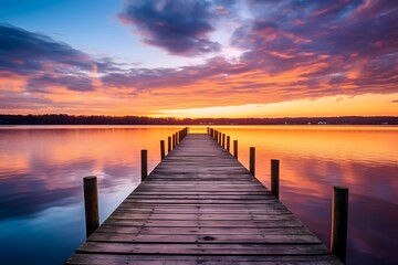  Wooden jetty on the lake at sunset. Beautiful sky background