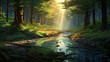 Traumhafte Fantasy-Landschaft im Anime-Stil mit Sonnenuntergang im Wald mit Nebel und Sonnenschein im Sommer