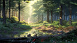 Traumhafte Fantasy-Landschaft im Anime-Stil mit Sonnenuntergang im Wald mit Nebel und Sonnenschein im Frühling