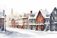 Snowy City Streets. Watercolor Illustration