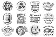 Set of gambling vintage print, logo, badge design with wheel of fortune, two dice, skeleton hand holding dollar, poker playing card, casino chips, slot machines and horseshoe silhouette. Vector