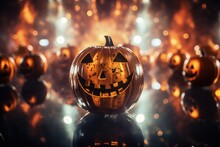 Halloween Disco With Pumpkins On Mirrored Ball Filled With Smoke And Abstract Lights