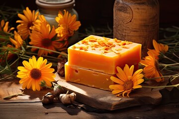 Poster - Handmade soap with calendula and sea buckthorn displayed on a wooden background