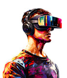 Styl popart, Virtual reality VR, chłopak w goglach VR i słuchawkach.. Transparentne tło.
