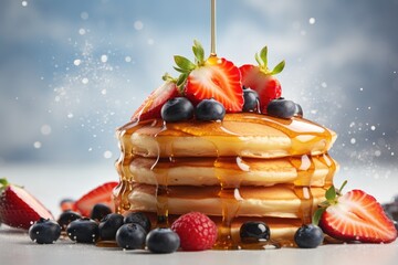 Sticker - Maple syrup flows on a stack of pancakes with berries