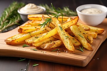 Poster - Mayo and rosemary on baked potato fries on a white board