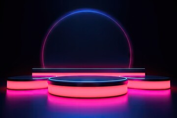 Wall Mural - Neon lit abstract background with podiums showcasing products in stylish geometric shapes