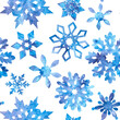 Seamless patern watercolor filigree snowflakes with aquarelle texture violet blue splatters,dots,splashes in different shapes on white background.Backdrop for christmas,new year,X-mas
