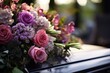 Flower closeup on an outdoor funeral casket