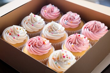 Canvas Print - Selective focus close up of pink and white cream on vanilla cupcakes in delivery box