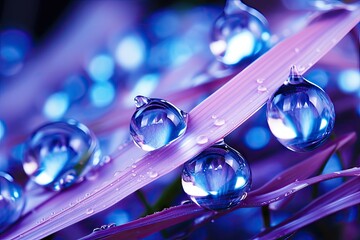 Sticker - Selective focus on beautiful dewdrops in spring nature Water droplets on grass macro Bright and artistic blue and purple image