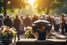 Sorrowful Moment At Funeral With People Mourning Bidding Last Farewell To Person In Urn