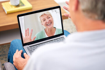 Wall Mural - Laptop, couple or senior man on video call in house or home for conversation or communication. Screen, wave hello or mature person speaking or talking to a happy woman on technology or social media