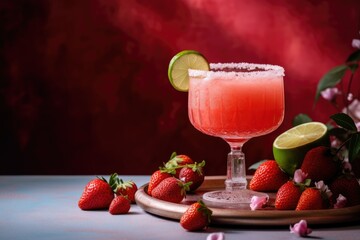 Poster - Strawberry Margarita tequila lime berries salt rim light shadows on beige pink background