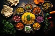 Assorted Indian Cuisine On Dark Rustic Background With Traditional Dishes And Spices. Square Top View Photo. Generative AI