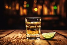 Tequila shot in a glass on a wooden table Blurry background Rustic bar vibe