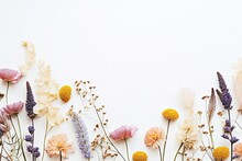 Text Space Available For Beautiful Fresh And Dry Flowers On A White Background In A Flat Lay