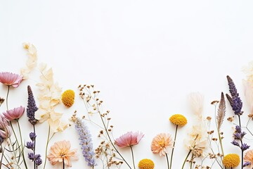 text space available for beautiful fresh and dry flowers on a white background in a flat lay