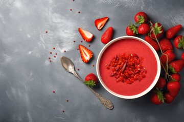 Poster - Text space available for smoothie bowl with goji berries and spoon on gray table flat lay