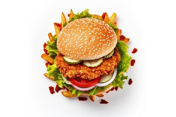 Wall Mural - Top view of an isolated delectable burger featuring fried chicken on a white background