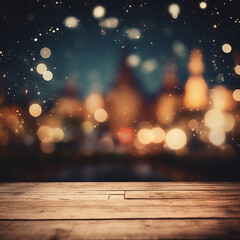 Christmas Night Light Bokeh Background Wood Table Display