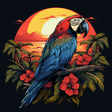 Parrot With Flowers. Vector Illustration For Tattoo Or T Shirt Design