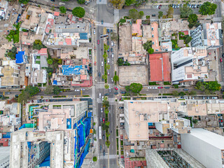 Aerial view of the Barranco neighborhood in Lima, Peru in 2023. Spanish colonial style historic buildings. Neighborhood with new houses and also many houses degraded by time. Gastronomic region 