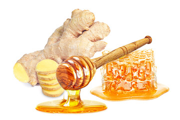 Sticker - ginger, dripping honey and honeycomb isolated on white background