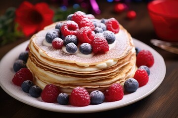 Sticker - Valentine s Day themed scrumptious homemade crepes or pancakes topped with raspberries and blueberries