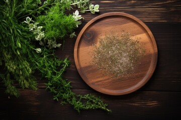 Poster - Top view of round wooden plate with herbs and salt on dark wooden background