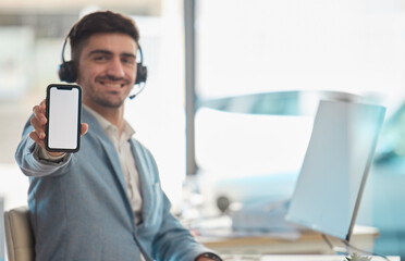 Fototapete - Screen, call center or happy man with phone or mockup on white background on social media for offer. Portrait, CRM or sales agent showing mobile app promo, website or online tech space menu in office