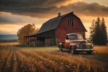 Old Barn In The Field With Vintage Truck Parking In Front Of The Farm
