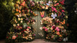 Flower Garden Photo Booth with Blooming Blower Wall and Flower Crown, Butterfly Wings