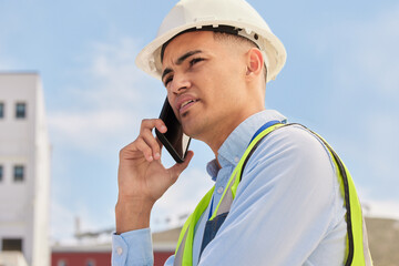 Aufkleber - Engineer on construction site, phone call and negotiation for building schedule, inspection and maintenance. Architecture, communication and businessman with cellphone for chat on project development