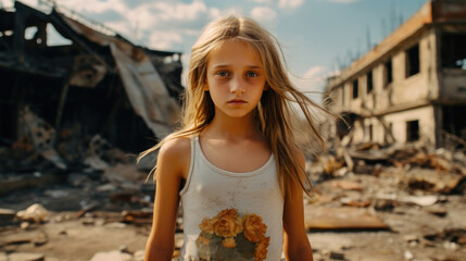 portrait of a little girl against the backdrop of a bombed city
