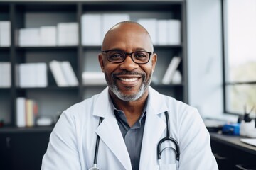 Smiling portrait of a middle aged male african american doctor working in a hospital