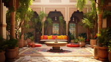 Indian Bohemian Courtyard With Fountain And Fresh Leaves