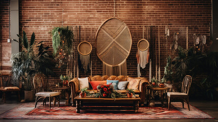 Wall Mural - Bohemian Wedding Rroom with Macrame Backdrop and Dreamcatcher Eclectic with Earthy Colors