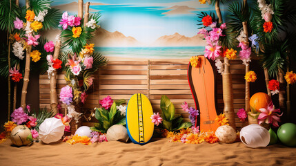 Wall Mural - Beach Themed Photo Booth With Backdrop Of Sand, Surfboards, Beach Balls, Tropical Props-Standard