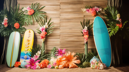 Wall Mural - Beach Themed Photo Booth With Backdrop Of Sand, Surfboards, Beach Balls, Tropical Props-Standard