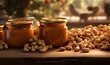 jars of peanut butter and scattered nuts, ai generative