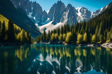 beautiful reflection of tress along lake in the mountains