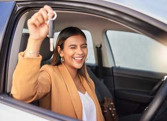 Wall Mural - Portrait, car and woman with a key, smile and celebration with achievement, goals and success. Face, wink and happy girl with transportation, commute and new vehicle with travel, safety and road trip