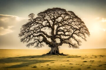 Wall Mural - A solitary, ancient oak tree standing tall in the middle of a vast field