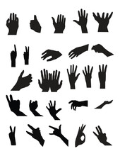 Set Of Various Black Silhouette Human Hands. Vector Collection Of Male Hands Of Different Gestures. 