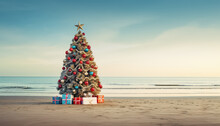 Festively Decorated Christmas Tree On The Beach On New Year's Eve Or Christmas
