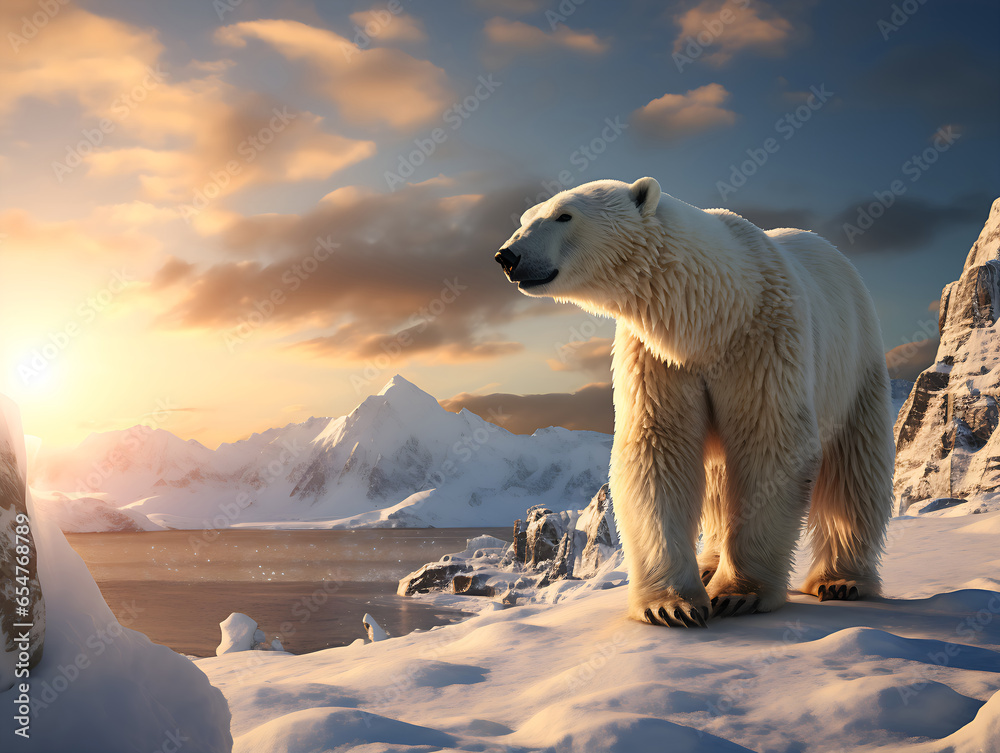 wet Polar bear above an iceberg in the arctic ocean. Floating icebergs ...