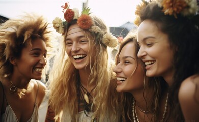 A joyous and eclectic group of women adorned in vibrant native headpieces and hippy clothing, radiating happiness and carefree energy in an outdoor festival setting