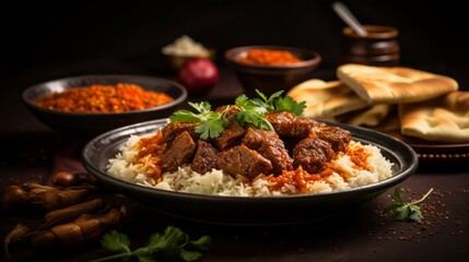 Wall Mural - Arabic cuisine, Egyptian oriental Fettah with white rice and crispy bread topped with seasoned garlic red sauce,crispy fried garlic and veal chunks on rustic dark background.