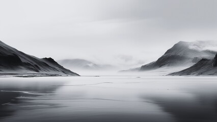 Wall Mural - Tranquil misty coastal landscape with panoramic ocean, hill, and mountain views. Black and white nature background.